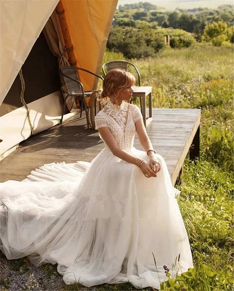 Boho Lace Tulle High Neck Wedding Dresses Women&