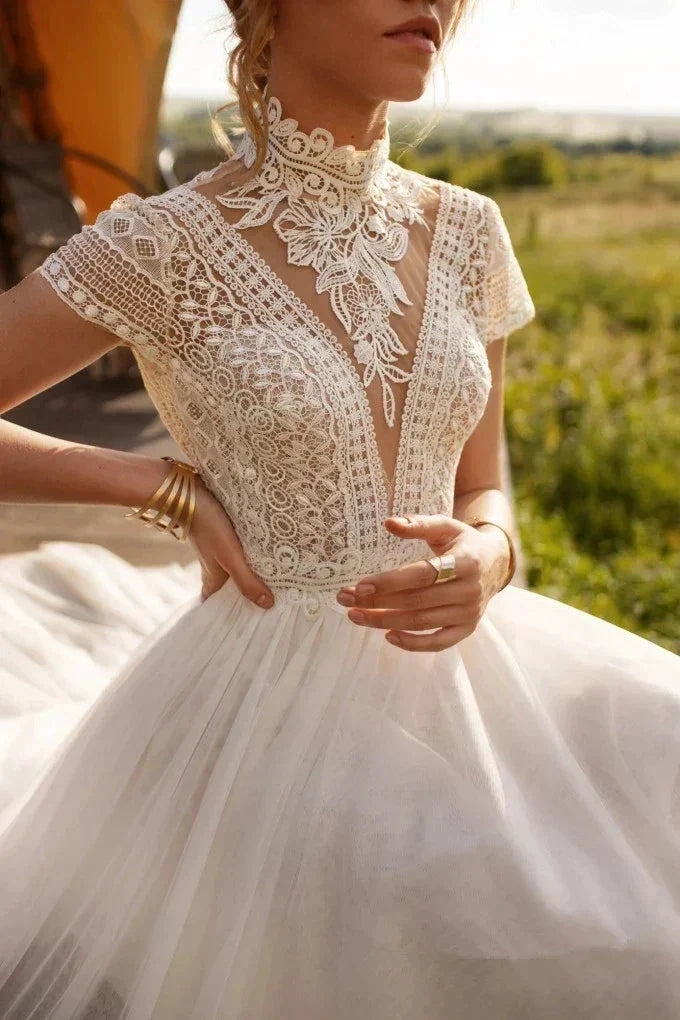 Boho Lace Tulle High Neck Wedding Dresses Women&