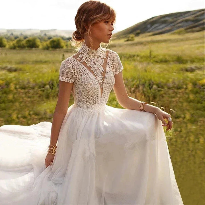 Boho Lace Tulle High Neck Wedding Dresses Women&