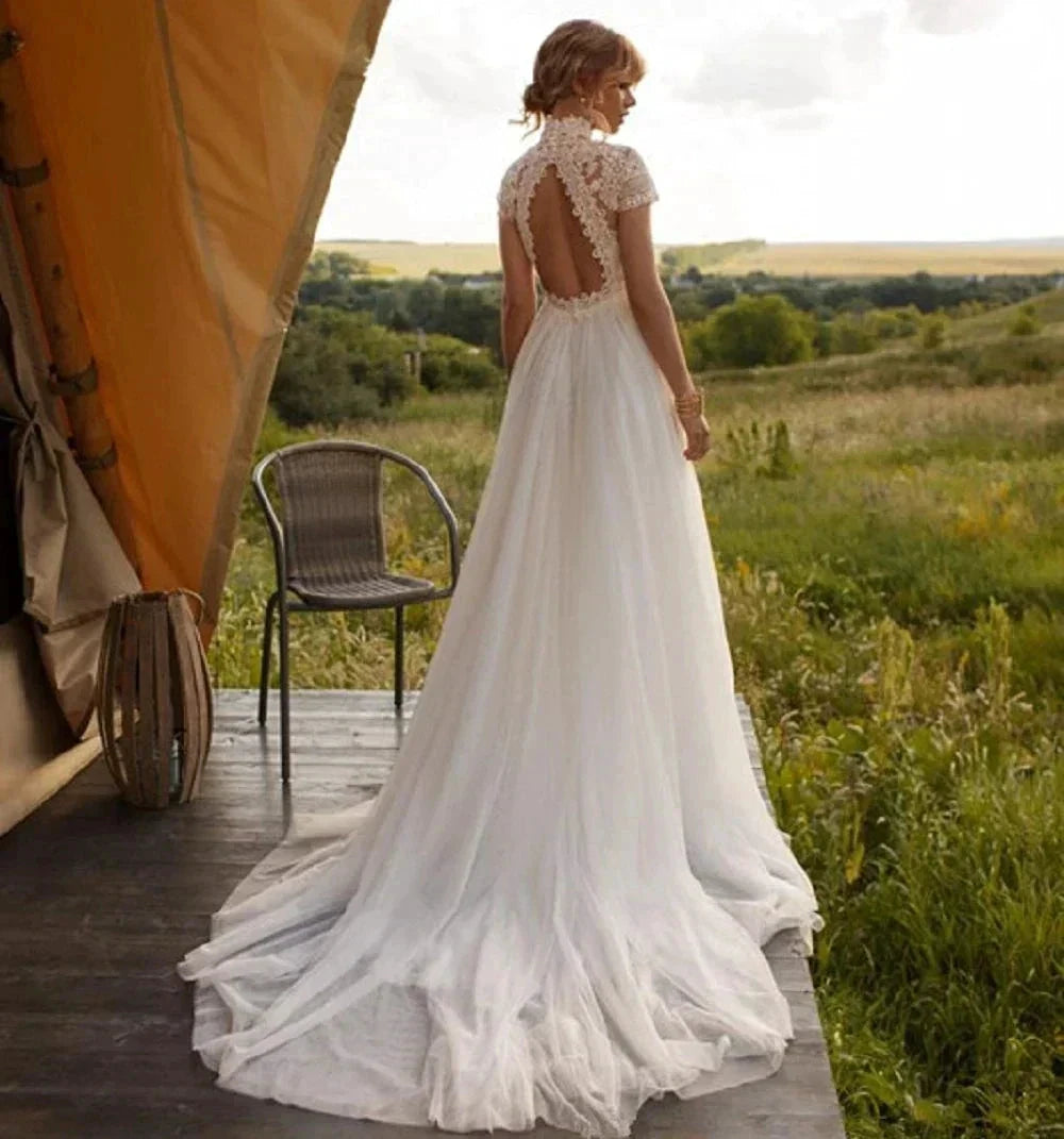 Boho Lace Tulle High Neck Wedding Dresses Women&