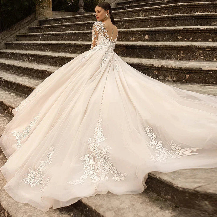 Boho Lace Tulle Wedding Dress Princess Champagne A-Line V-Neck Long Sleeves Appliques Illusion Backless With Button Bridal Gown by payinti