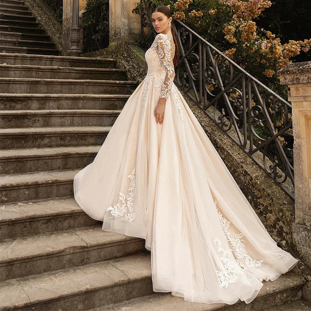 Boho Lace Tulle Wedding Dress Princess Champagne A-Line V-Neck Long Sleeves Appliques Illusion Backless With Button Bridal Gown by payinti