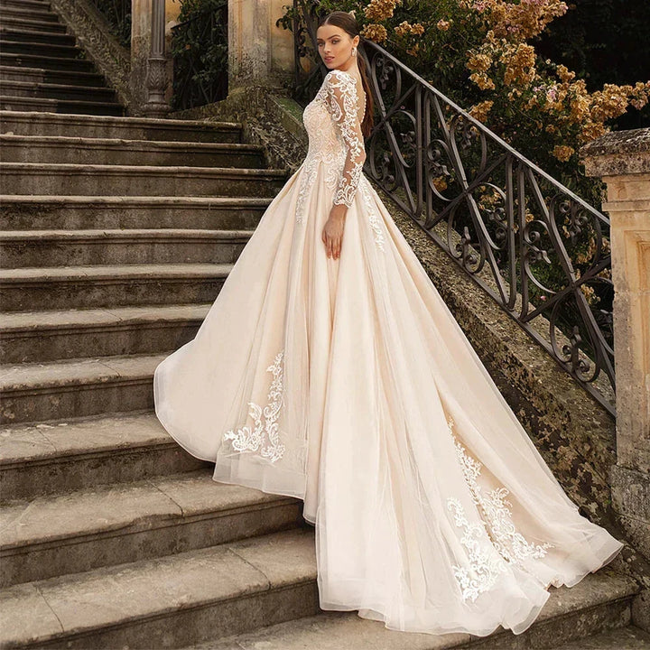 Boho Lace Tulle Wedding Dress Princess Champagne A-Line V-Neck Long Sleeves Appliques Illusion Backless With Button Bridal Gown by payinti