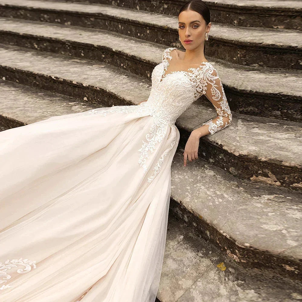 Boho Lace Tulle Wedding Dress Princess Champagne A-Line V-Neck Long Sleeves Appliques Illusion Backless With Button Bridal Gown by payinti