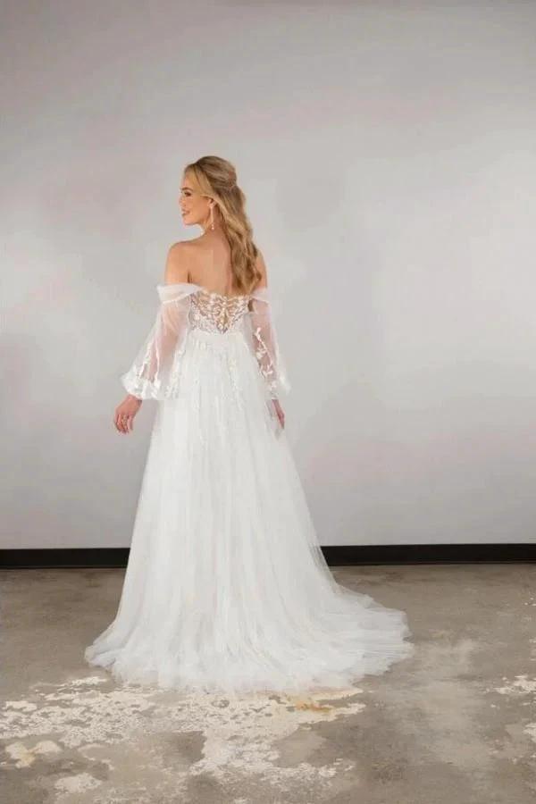 Boho Long White A-line Off-the-shoulder Lace Wedding Dresses with Long Sleeves by misshow.com