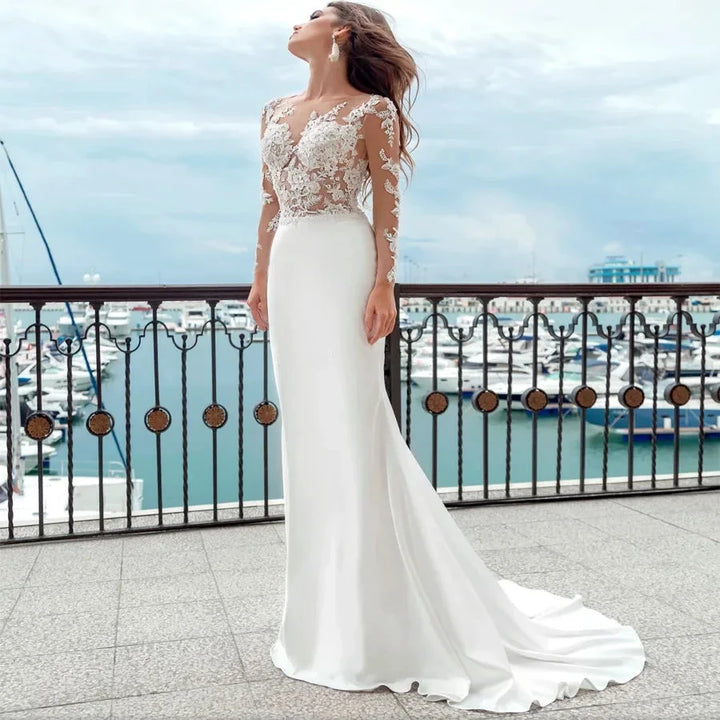 Mermaid Wedding Dresses Long Sleeves Sheer Scoop Neckline Applique Satin Buttons Back Beach Bridal Gowns Sweep Train 2023 by payinti