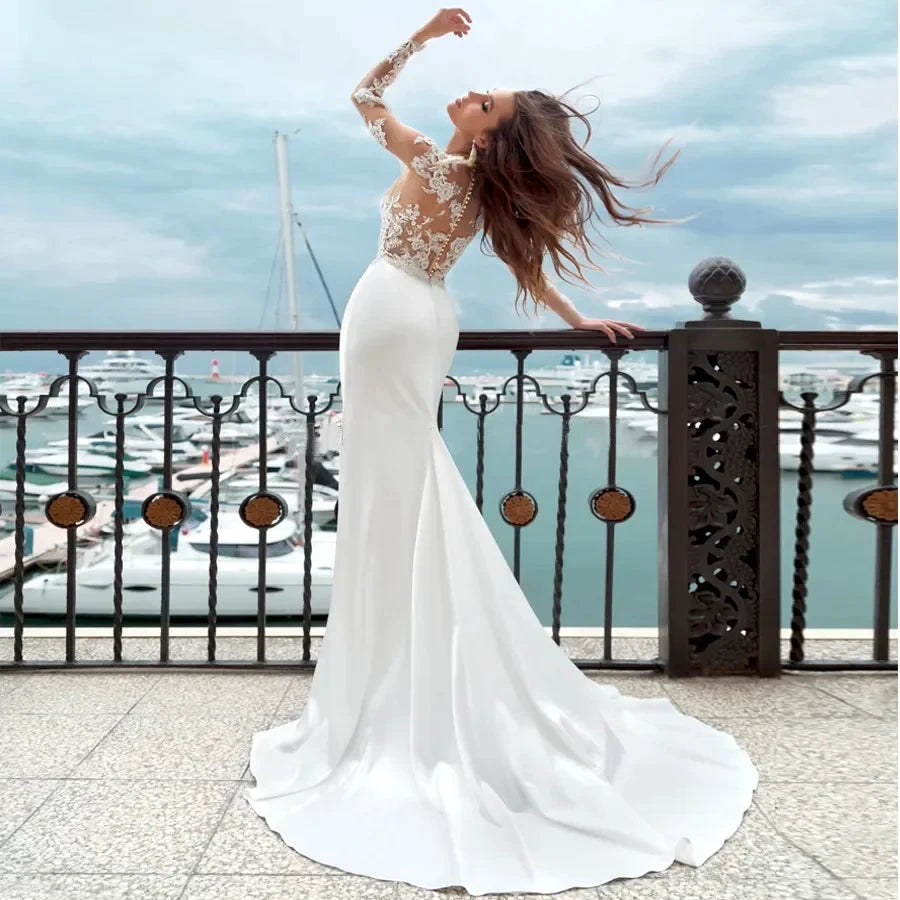 Mermaid Wedding Dresses Long Sleeves Sheer Scoop Neckline Applique Satin Buttons Back Beach Bridal Gowns Sweep Train 2023 by payinti