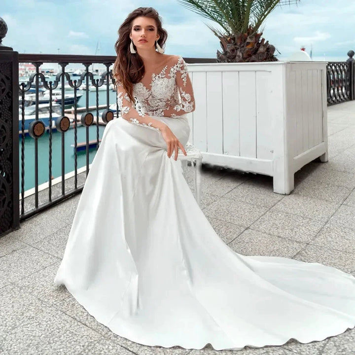 Mermaid Wedding Dresses Long Sleeves Sheer Scoop Neckline Applique Satin Buttons Back Beach Bridal Gowns Sweep Train 2023 by payinti