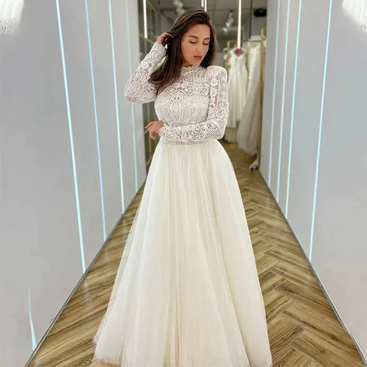 Romantic Wedding Dresses Mermaid High Neck Long Sleeves Exquisite Lace Appliques Princess Style Beach Mopping Bride Gowns by payinti