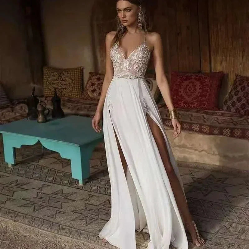 Boho Wedding Dress Sexy Slit Beach Wedding Dress V Neck Bridal Gown Spaghetti Strap Chiffon Backless Vestido De Noiva Brautkleid by payinti