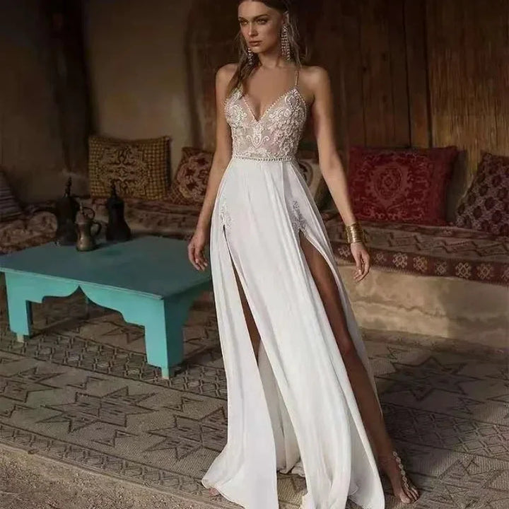 Boho Wedding Dress Sexy Slit Beach Wedding Dress V Neck Bridal Gown Spaghetti Strap Chiffon Backless Vestido De Noiva Brautkleid by payinti