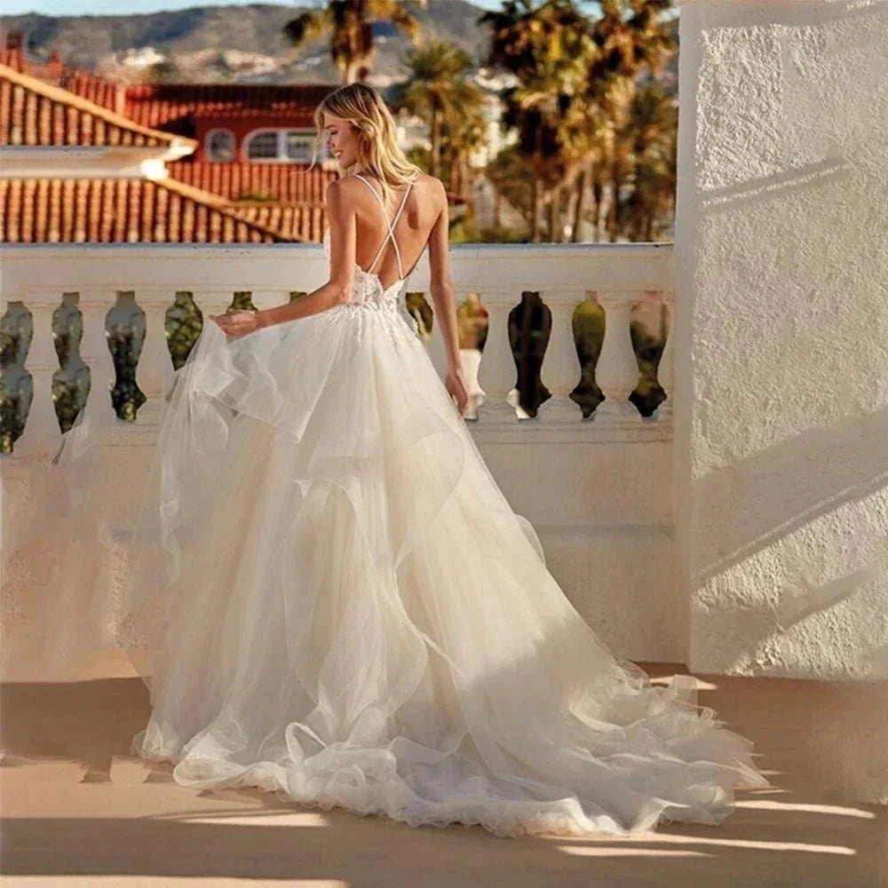 Boho Wedding Dresses Spaghetti Straps Vestidos De Novia Appliques Vestido De Noiva Backless Lace Robe De Mariée by payinti