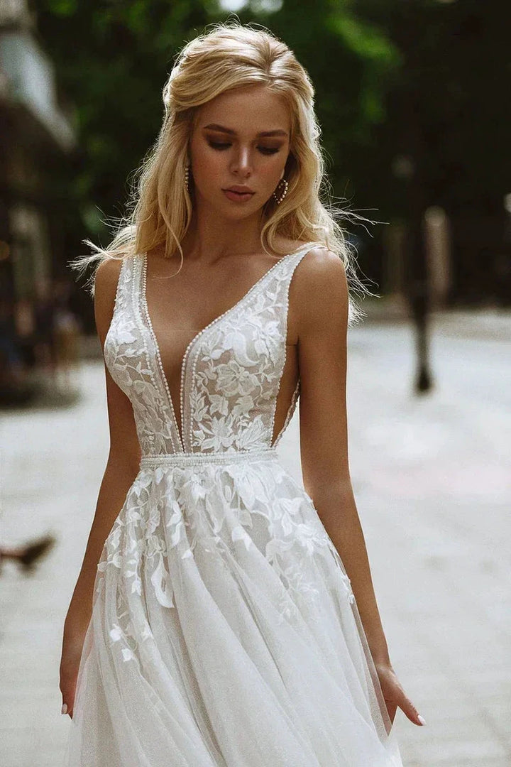Boho Wedding Dresses V-Neck Appliques Lace A-Line Tulle Wedding Gown Beach Simple Bridal Dress bestidos de novia by payinti