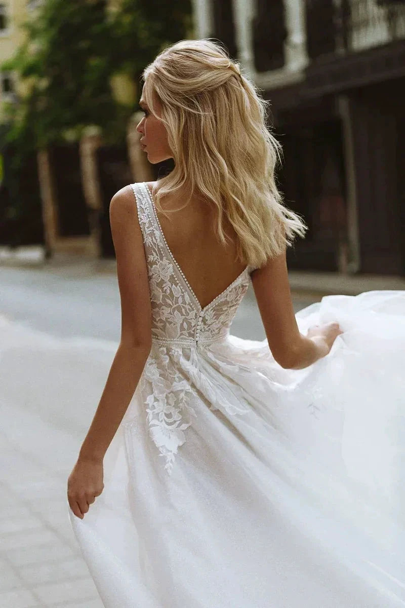 Boho Wedding Dresses V-Neck Appliques Lace A-Line Tulle Wedding Gown Beach Simple Bridal Dress bestidos de novia by payinti