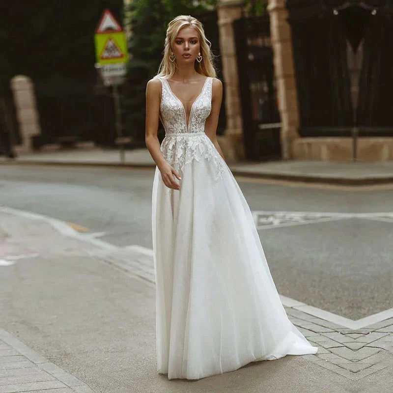 Boho Wedding Dresses V-Neck Appliques Lace A-Line Tulle Wedding Gown Beach Simple Bridal Dress bestidos de novia by payinti