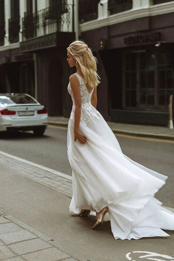 Boho Wedding Dresses V-Neck Appliques Lace A-Line Tulle Wedding Gown Beach Simple Bridal Dress bestidos de novia by payinti