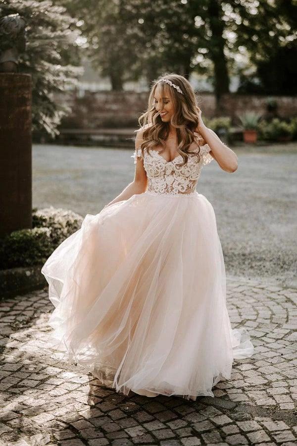 A-line Boho Champagne Off The Shoulder Wedding Dress Bridal Gown WD583 by pgmdress