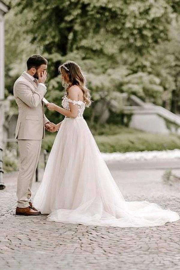 A-line Boho Champagne Off The Shoulder Wedding Dress Bridal Gown WD583 by pgmdress