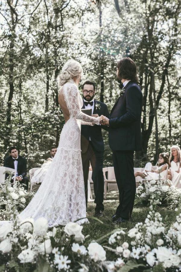 Boho High Neckline Long Sleeves Lace Wedding Dresses Rustic Wedding WD594 by pgmdress