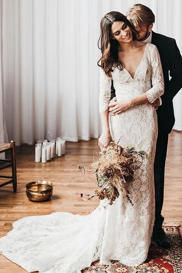 Boho Lace V Neck Mermaid Wedding Dresses With Court train WD581 by pgmdress