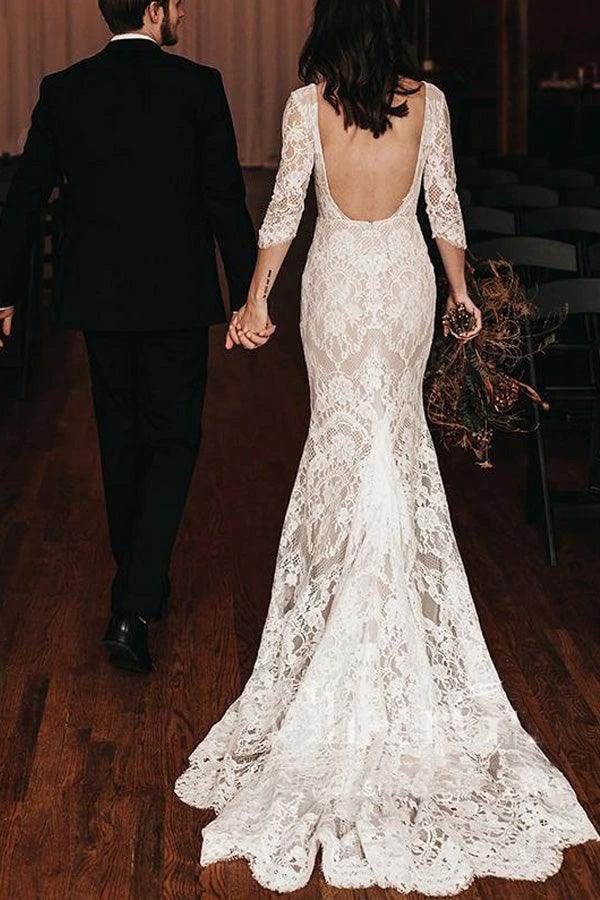 Boho Lace V Neck Mermaid Wedding Dresses With Court train WD581 by pgmdress