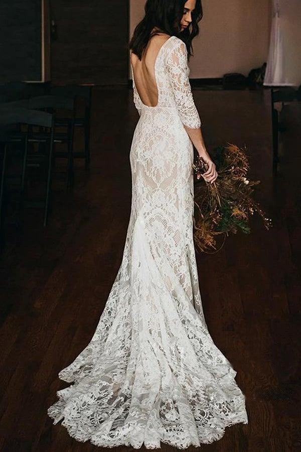 Boho Lace V Neck Mermaid Wedding Dresses With Court train WD581 by pgmdress