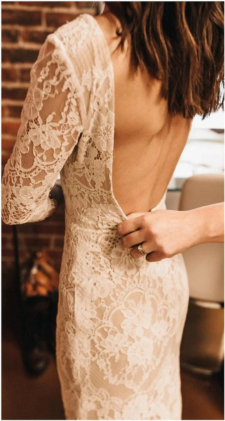 Boho Lace V Neck Mermaid Wedding Dresses With Court train WD581 by pgmdress
