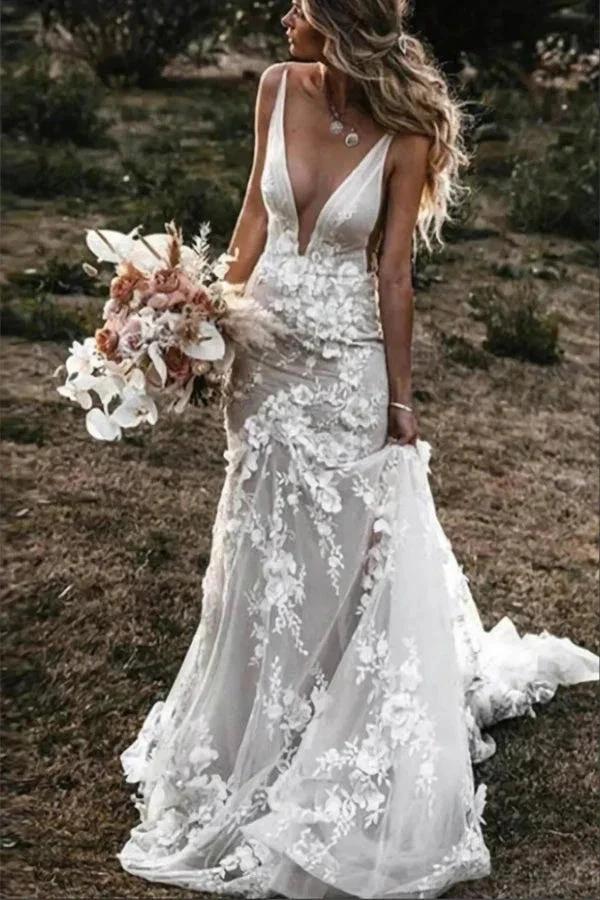 Boho Mermaid Wedding Dress Flower Appliques Deep V Neck Bridal Gown WD637 by pgmdress