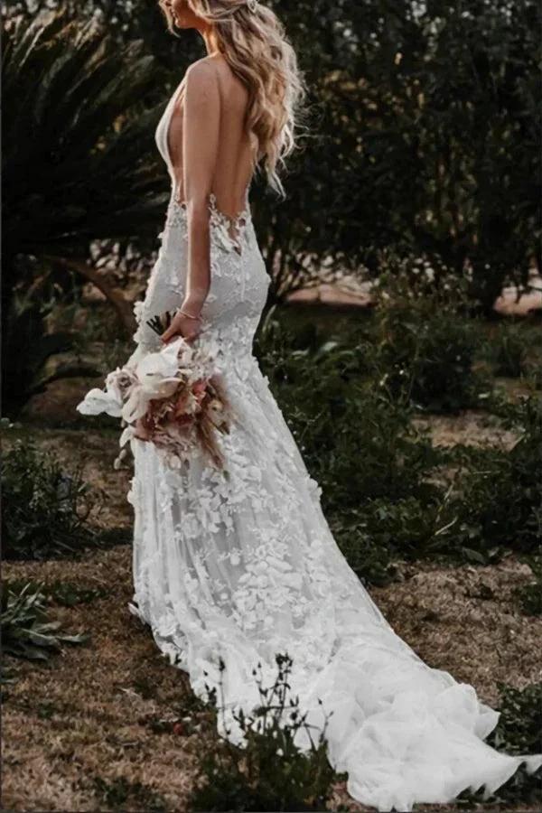 Boho Mermaid Wedding Dress Flower Appliques Deep V Neck Bridal Gown WD637 by pgmdress