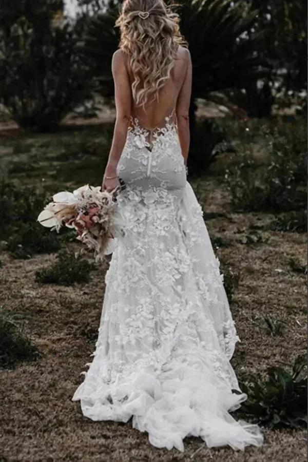 Boho Mermaid Wedding Dress Flower Appliques Deep V Neck Bridal Gown WD637 by pgmdress