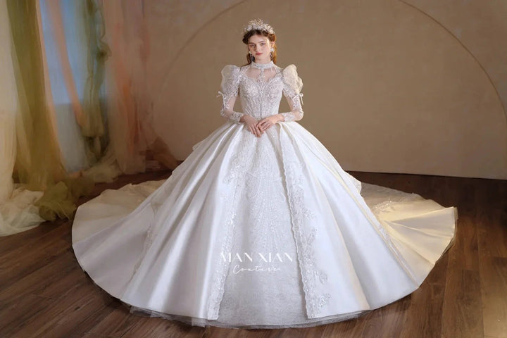 Gorgeous Long Ball Gown High Neck Sheer Long Sleeve Satin Wedding Dress with Crystal Embroidery &amp; Train N002 by ZAPDRESS