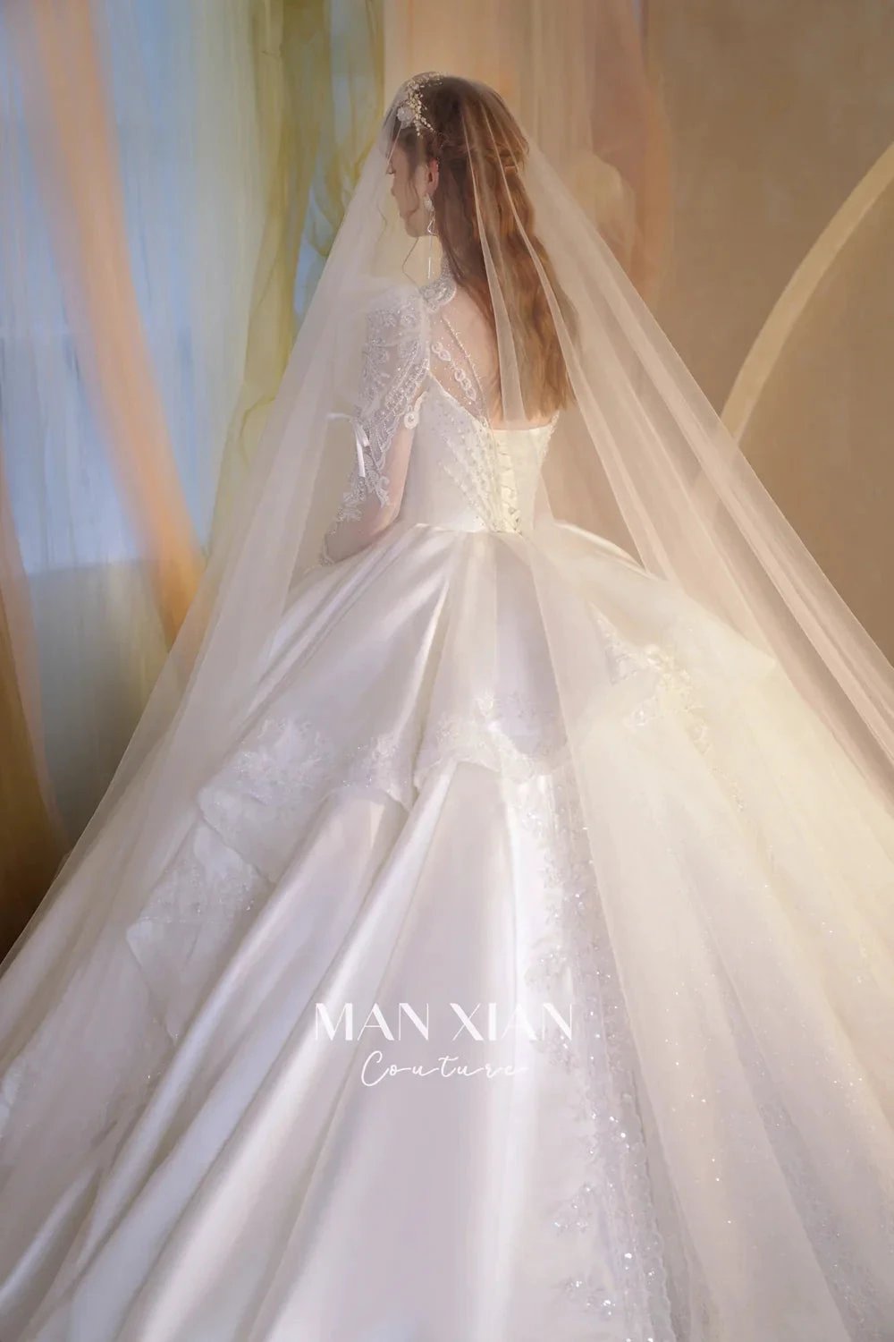 Gorgeous Long Ball Gown High Neck Sheer Long Sleeve Satin Wedding Dress with Crystal Embroidery &amp; Train N002 by ZAPDRESS
