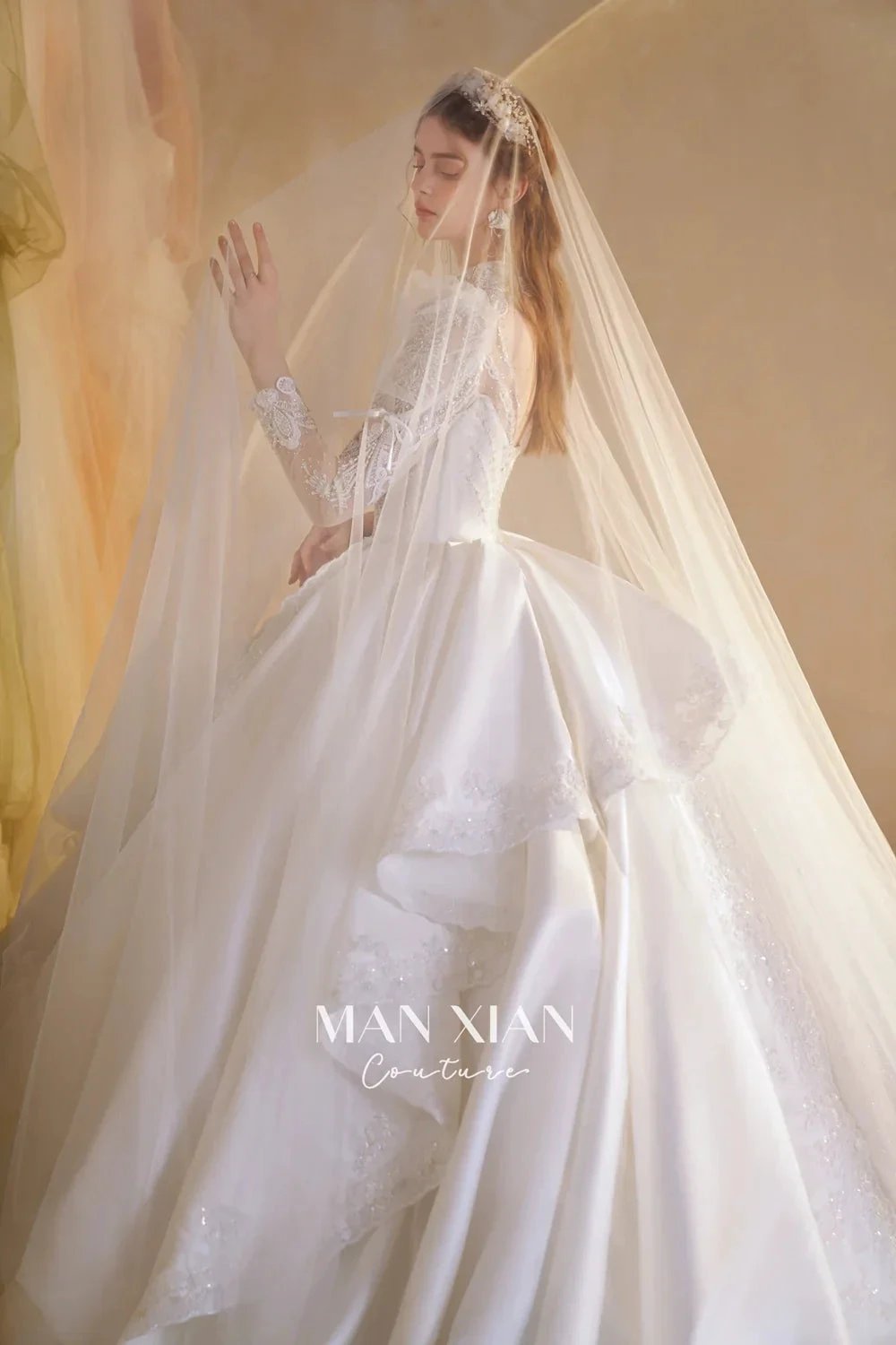 Gorgeous Long Ball Gown High Neck Sheer Long Sleeve Satin Wedding Dress with Crystal Embroidery &amp; Train N002 by ZAPDRESS