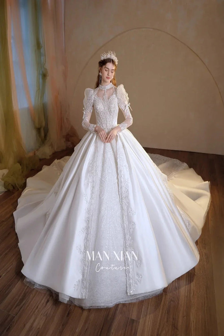 Gorgeous Long Ball Gown High Neck Sheer Long Sleeve Satin Wedding Dress with Crystal Embroidery &amp; Train N002 by ZAPDRESS