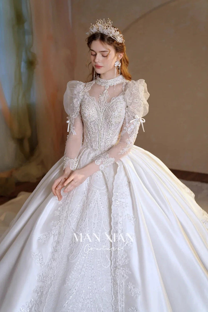 Gorgeous Long Ball Gown High Neck Sheer Long Sleeve Satin Wedding Dress with Crystal Embroidery &amp; Train N002 by ZAPDRESS