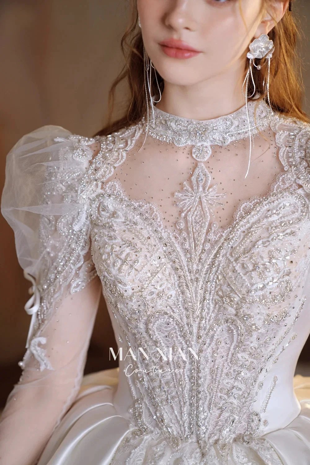 Gorgeous Long Ball Gown High Neck Sheer Long Sleeve Satin Wedding Dress with Crystal Embroidery &amp; Train N002 by ZAPDRESS