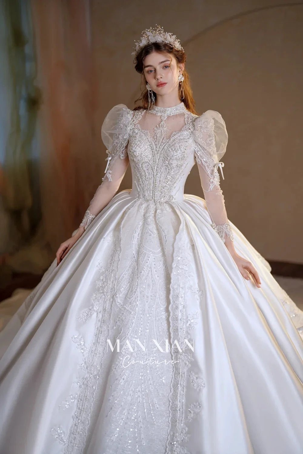 Gorgeous Long Ball Gown High Neck Sheer Long Sleeve Satin Wedding Dress with Crystal Embroidery &amp; Train N002 by ZAPDRESS
