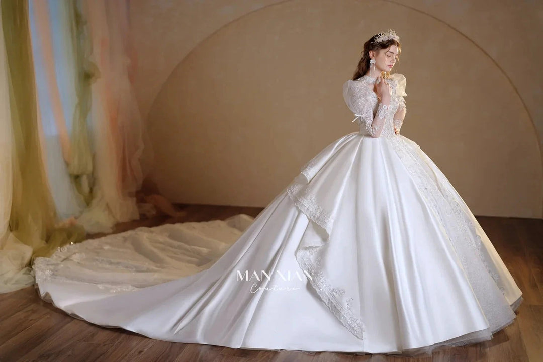 Gorgeous Long Ball Gown High Neck Sheer Long Sleeve Satin Wedding Dress with Crystal Embroidery &amp; Train N002 by ZAPDRESS