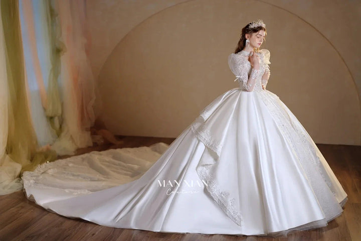 Gorgeous Long Ball Gown High Neck Sheer Long Sleeve Satin Wedding Dress with Crystal Embroidery &amp; Train N002 by ZAPDRESS