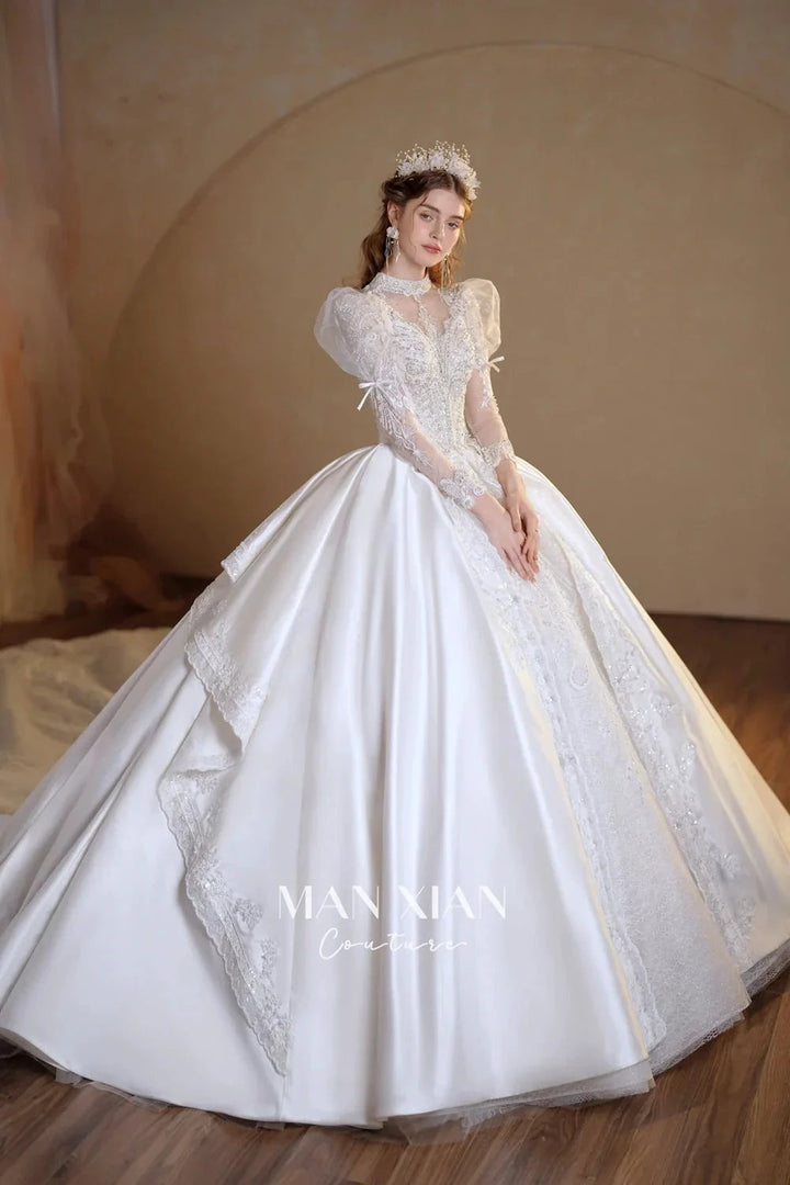 Gorgeous Long Ball Gown High Neck Sheer Long Sleeve Satin Wedding Dress with Crystal Embroidery &amp; Train N002 by ZAPDRESS