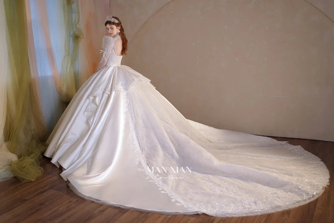 Gorgeous Long Ball Gown High Neck Sheer Long Sleeve Satin Wedding Dress with Crystal Embroidery &amp; Train N002 by ZAPDRESS