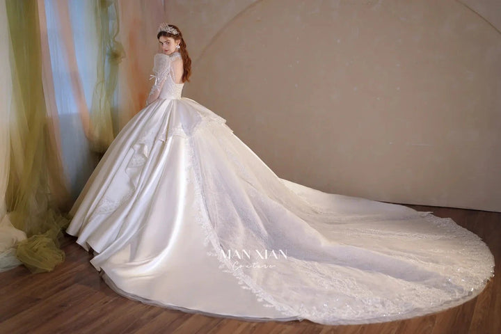Gorgeous Long Ball Gown High Neck Sheer Long Sleeve Satin Wedding Dress with Crystal Embroidery &amp; Train N002 by ZAPDRESS