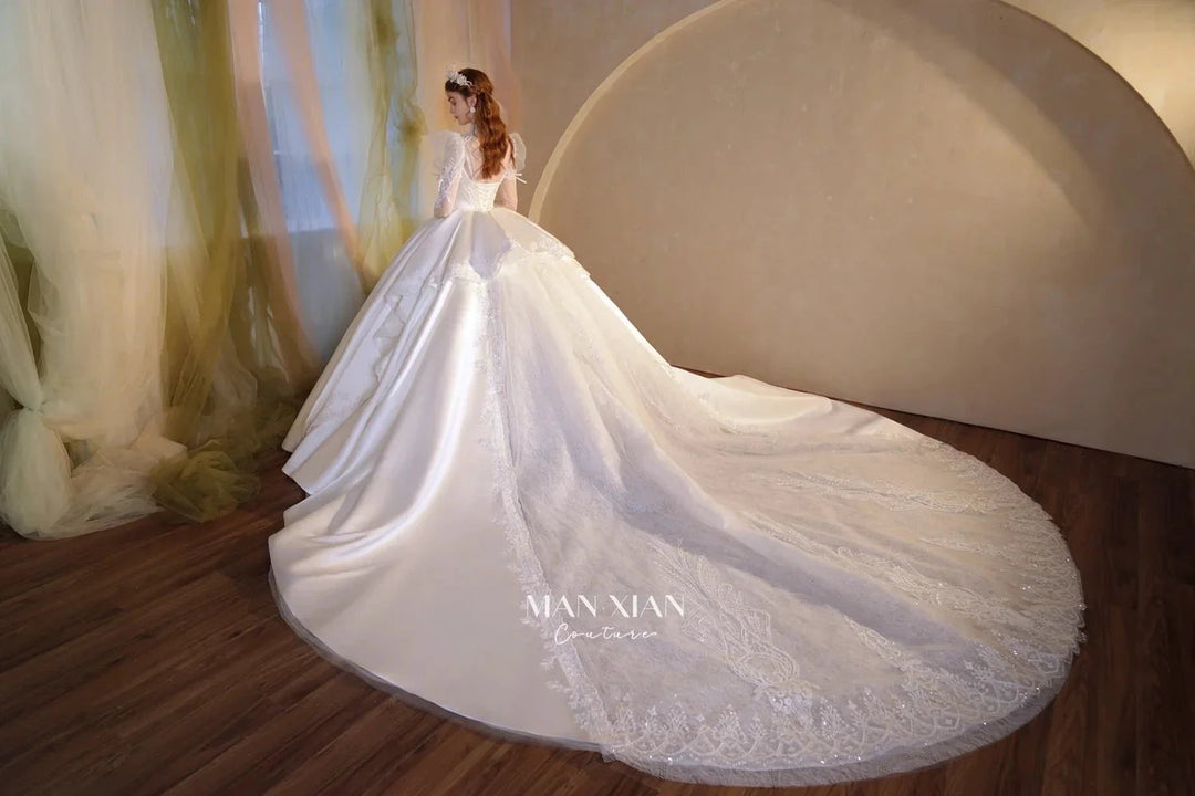 Gorgeous Long Ball Gown High Neck Sheer Long Sleeve Satin Wedding Dress with Crystal Embroidery &amp; Train N002 by ZAPDRESS