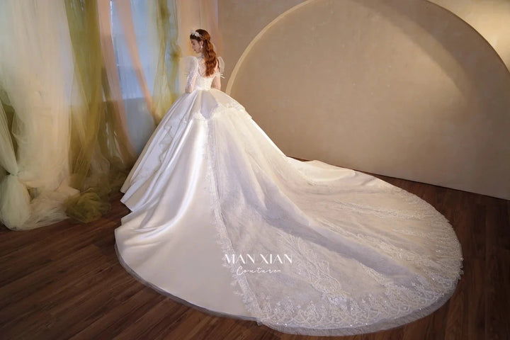 Gorgeous Long Ball Gown High Neck Sheer Long Sleeve Satin Wedding Dress with Crystal Embroidery &amp; Train N002 by ZAPDRESS