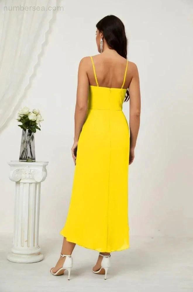 Numbersea Spaghetti Chiffon V Neck Bridesmaid Dress Mid-Length Slit Formal Prom Dress Homecoming Dress 2803 by numbersea
