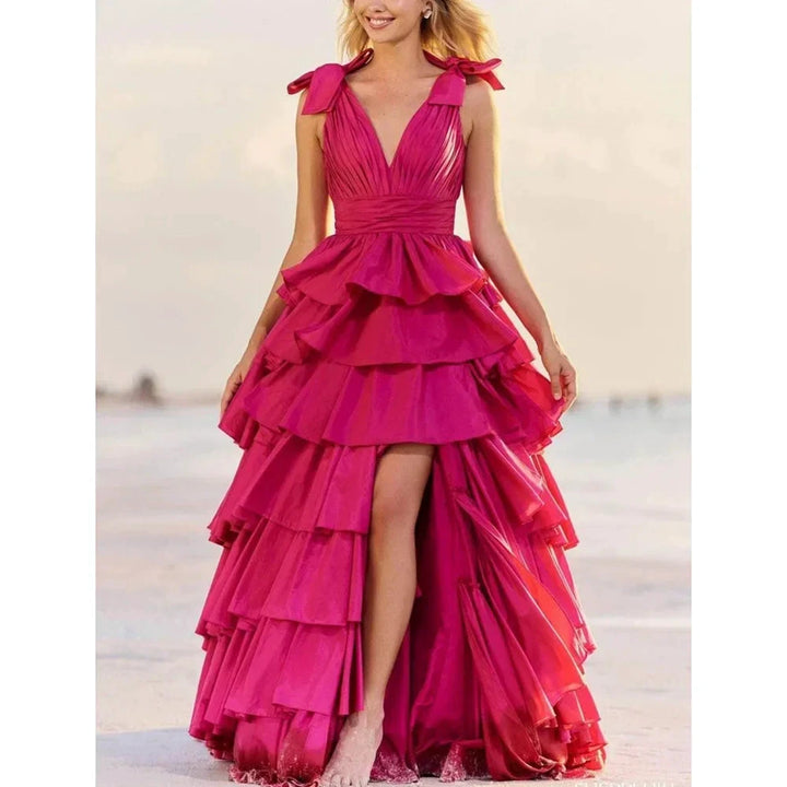 Rose Pink V Neck Sleeveless Slit Evening Dress Female Formal Party Prom Gown by Sunnderly