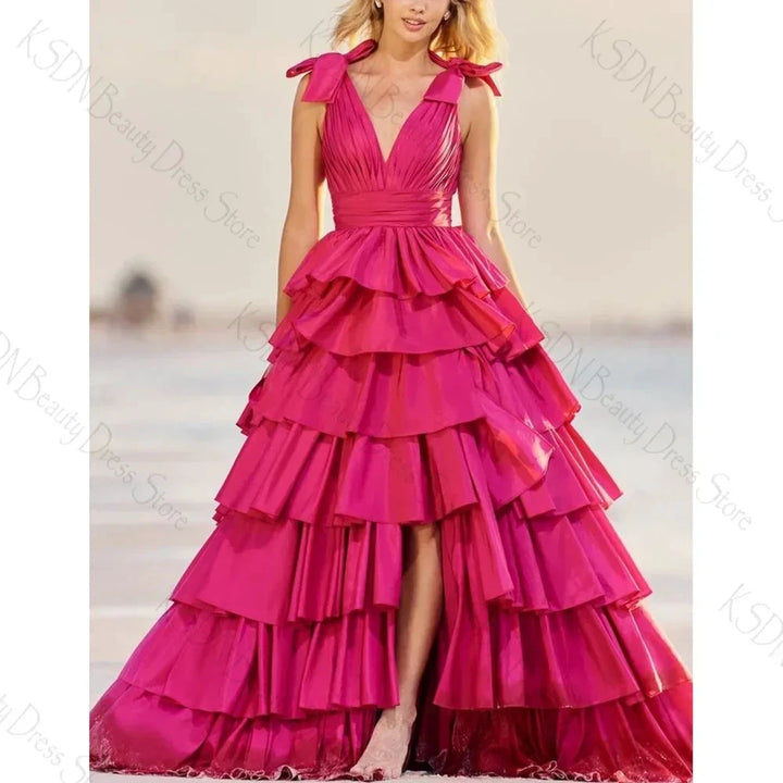 Rose Pink V Neck Sleeveless Slit Evening Dress Female Formal Party Prom Gown by Sunnderly