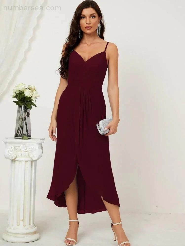 Numbersea Spaghetti Chiffon V Neck Bridesmaid Dress Mid-Length Slit Formal Prom Dress Homecoming Dress 2803 by numbersea