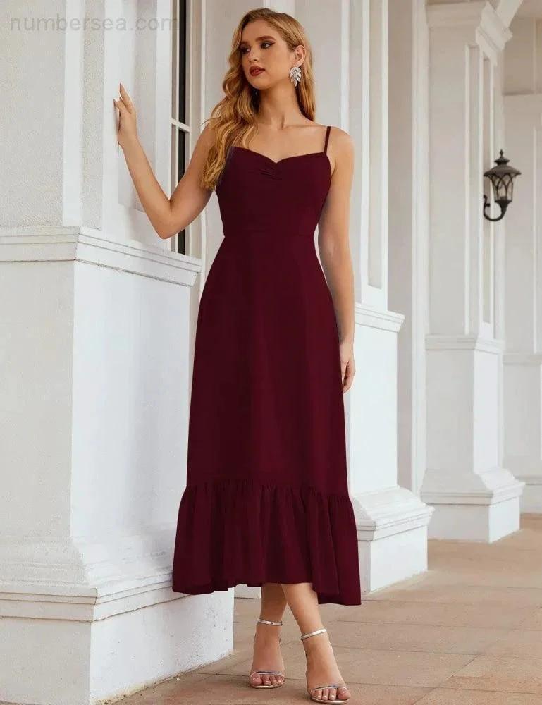 Numbersea Spaghetti Strap Chiffon Bridesmaid Dress Ankle Length Formal A Line Cocktail Party Homecoming Dress for Juniors SEA28028 by numbersea