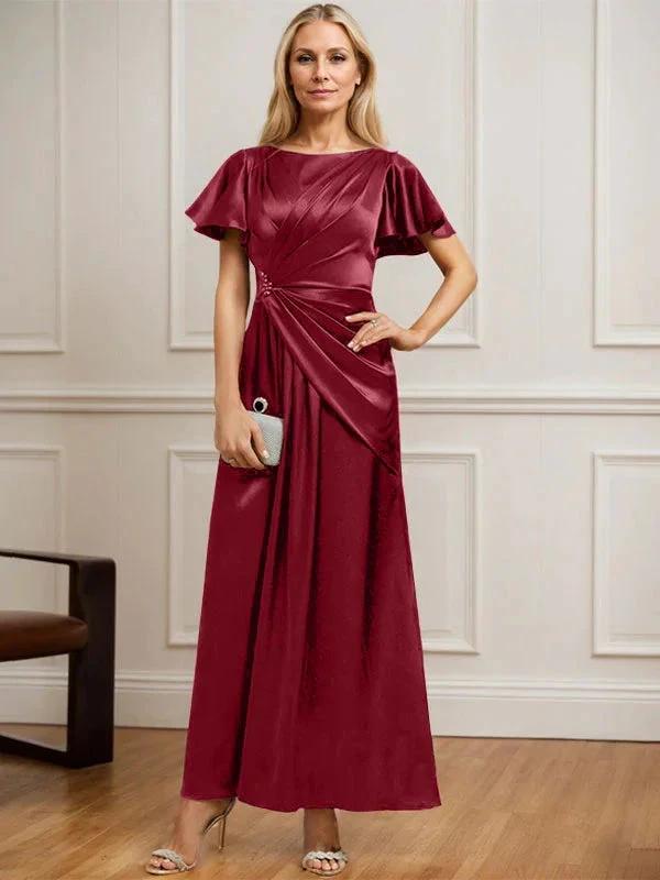 A-line Scoop Ankle-Length Stretch Satin Mother of the Bride Dress With Pleated Beading by Dreamylily